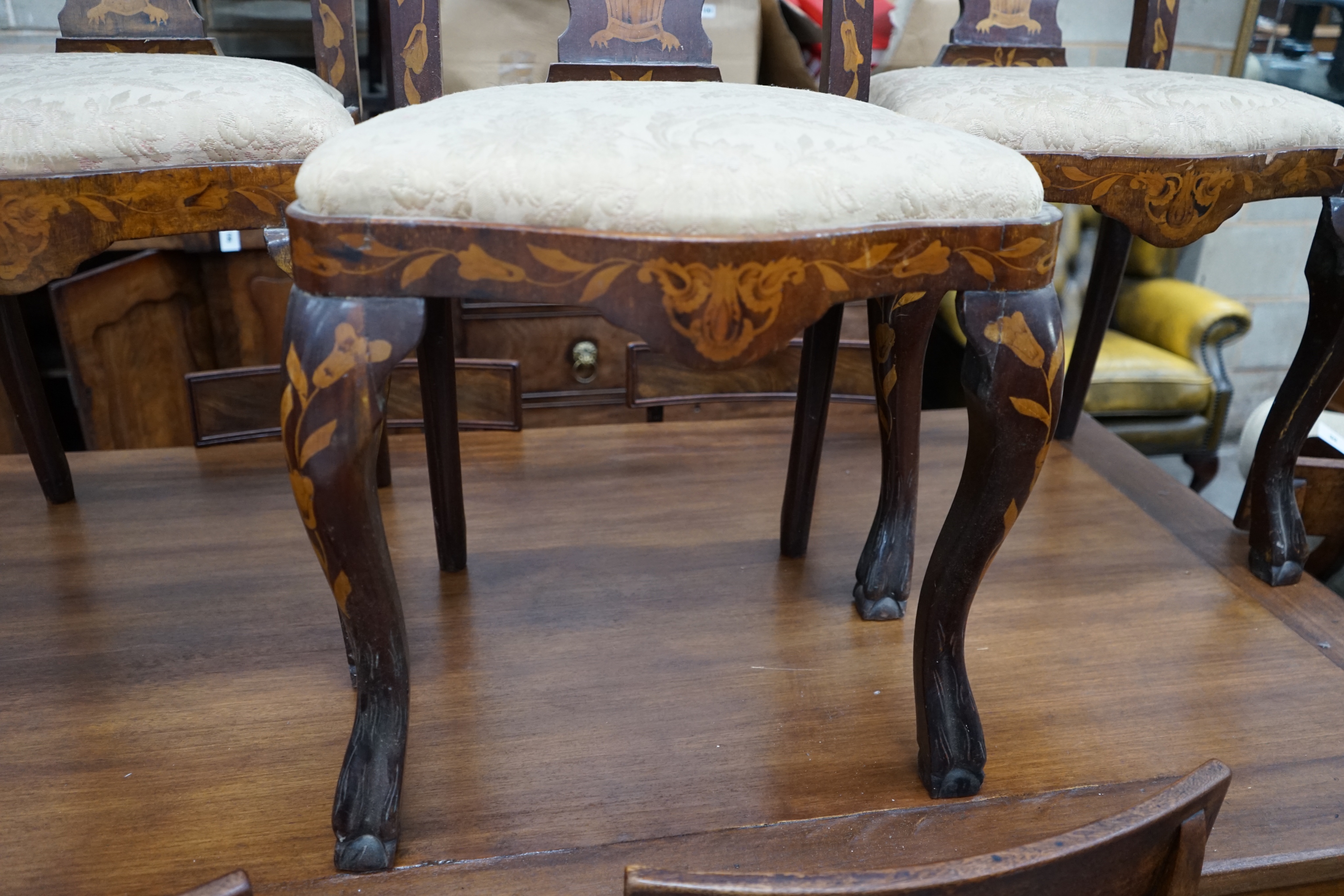 Three 18th century style Dutch design walnut dining chairs